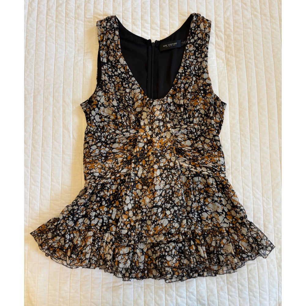 MM Couture by Miss Me Abstract Print Peplum Top V-Neck Ruffle Hem Black Orange S